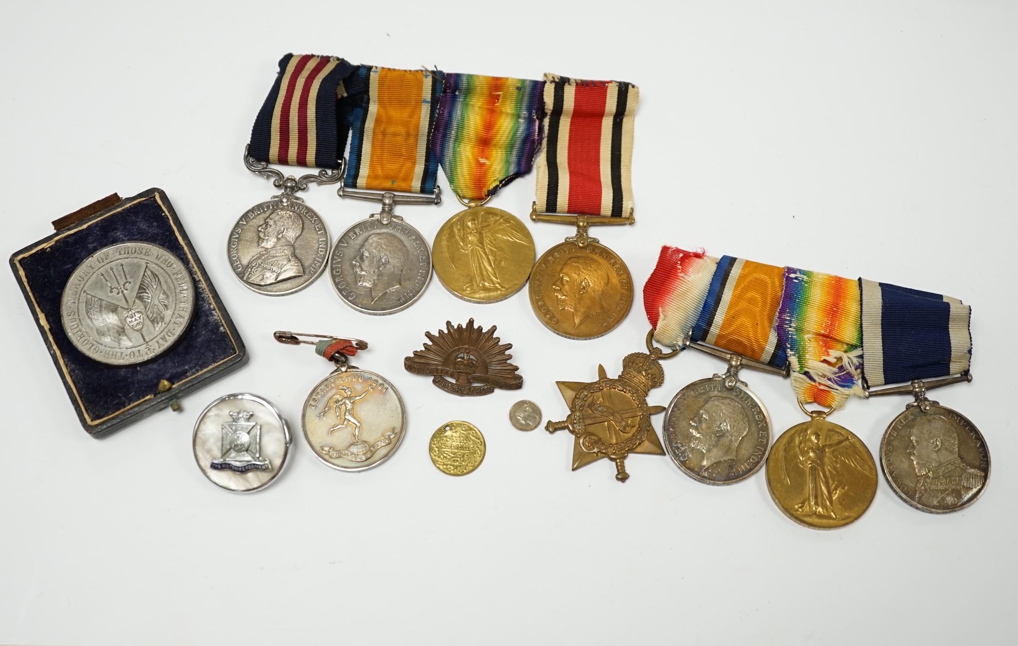 Two First World War medal groups; a military medal group awarded to Pte. H.S. Cribb, 23rd Northumberland Fusiliers, comprising; the Military Medal for Bravery in the Field, the Special Constabulary Medal, the War Medal a